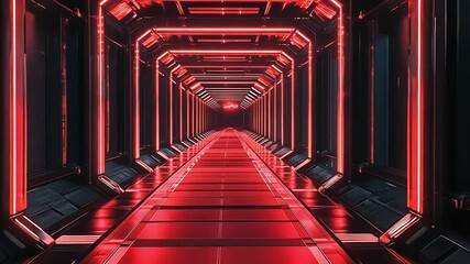 Moving forward through a futuristic sci-fi corridor with red neon lights. A seamless animation of a high-tech tunnel. Abstract technology and virtual reality background - Powered by Adobe