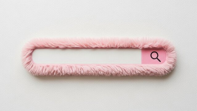 Charming search bar design featuring soft pink fluffy textured appearance with magnifying glass icon on minimalist white background, creating playful modern interface with tactile plush material 