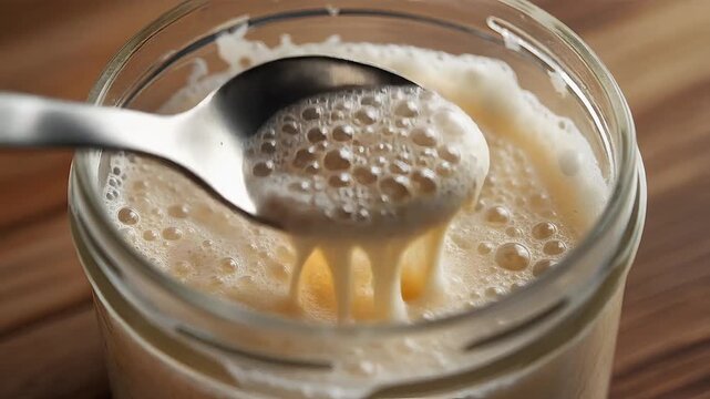 Close-up of Bubbling Yeast Starter with Spoon in Glass Jar, Fermentation Process
