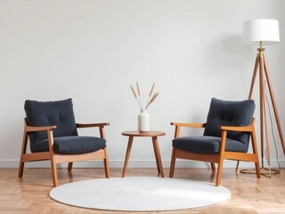 Fototapeta premium Modern living room with two dark blue armchairs and a tripod floor lamp