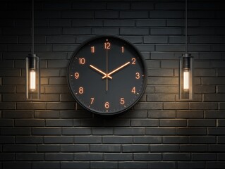 Sleek black clock with glowing numerals and pendant lights illuminating a dark brick wall creating a modern, sophisticated ambiance with timeless appeal