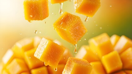 An extreme close-up of fresh mango cubes falling through the air. The focus is on the juicy, fibrous texture and glistening surface of the fruit. Soft, natural lighting with a blurred background, crea