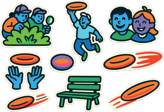 Playful frisbee graphics: fun, sporty sticker set for outdoor activities