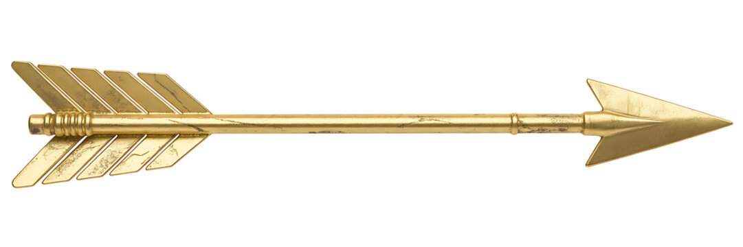 Golden arrow with fletching and pointed tip, isolated on white background