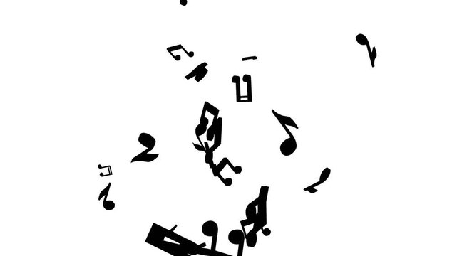 Clean white background with animated flying music notes and soft particle overlay, combining isolated transparent effects for high-quality 4K visuals