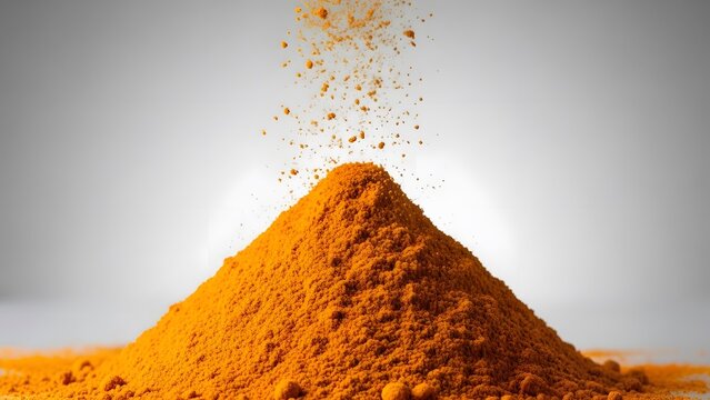 Turmeric powder falling onto a pile of turmeric spice
