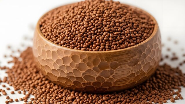 Wooden bowl filled with brown teff grain seeds