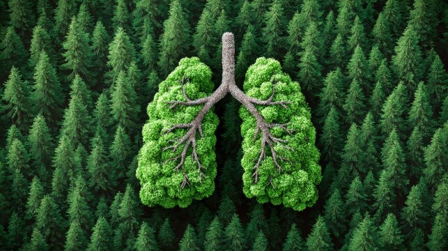Forest shaped like lungs symbolizing environmental health and nature's breath.