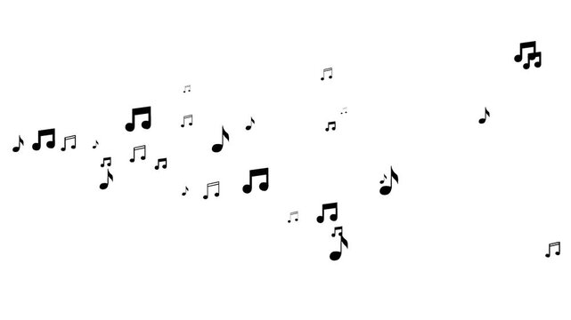 Flowing music notes on white background with gentle particles drifting in an isolated style, giving a transparent floating fly effect for 4K video