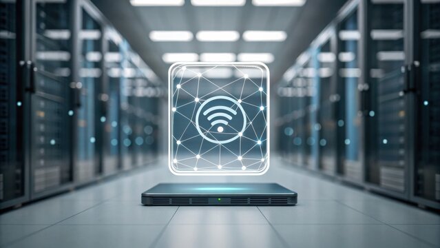 Clean 3D Tech Icons Digital representation of wireless connectivity in a modern server room environment.