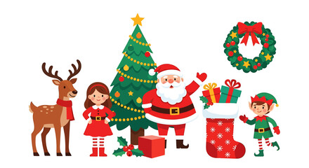 Fototapeta premium Festive Christmas Scene with Santa, Reindeer, and Christmas Tree.