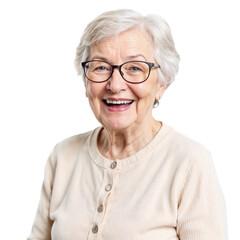 Fototapeta premium Smiling older woman with glasses showing warmth and joy in a cozy setting indoors during daylight