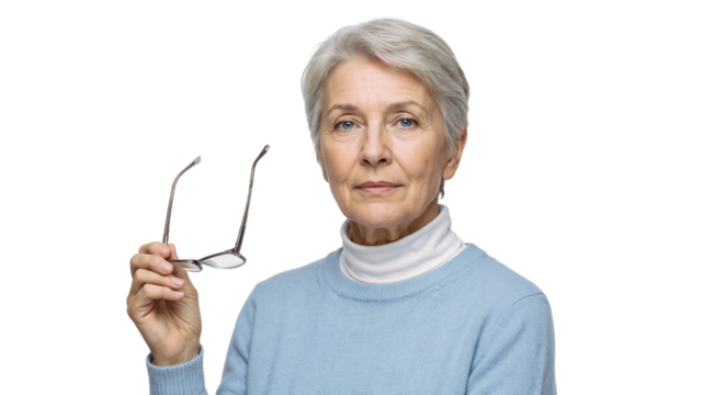 Older woman holding glasses with a serious expression in a light sweater