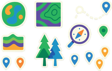 Colorful navigation and map icons with trees and compass elements