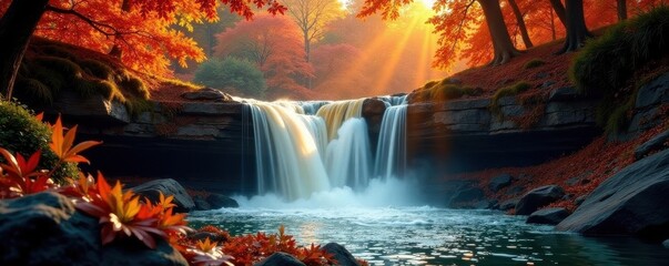 Sunlit waterfall plunges through fiery autumn foliage , rock, woods