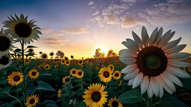 Time-lapse animation of a sunflower field at sunset. Golden sun setting over a vibrant agricultural landscape with moving clouds. Natural beauty and growth concept