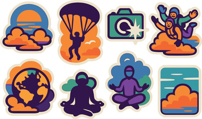 Fototapeta premium Colorful adventure and meditation sticker set with sunset and globe designs