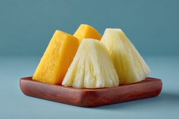 Delicious assortment of mango, pineapple, and papaya on a wooden platter against a calming backdrop. Veganuary Day
