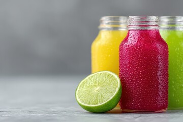 Colorful refreshing drinks in vibrant glass bottles with a lime slice on a rustic surface. Dry January