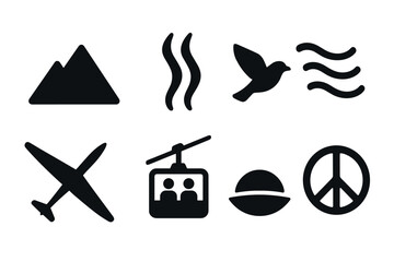 Fototapeta premium Minimalist black icons: nature, travel, peace, and adventure symbols