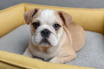Relaxed bulldog lounging comfortably in a cozy indoor space on a soft bed. National Train Your Dog Month