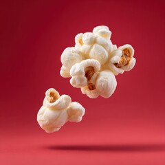 Explosive burst of hyper-detailed popcorn against a striking red background. National Popcorn Day