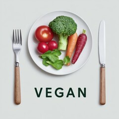 Creative minimalist vector illustration showcasing a vibrant vegan plate with fresh vegetables and utensils for healthy eating. Veganuary Day