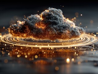 Gray Cloud Wrapped in Golden Particle Mesh with Glowing Tech Circles, Futuristic Cloud Computing Abstract Background