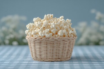Woven basket filled with fluffy popcorn under bright natural light in a serene setting. National Popcorn Day