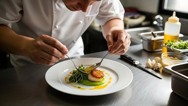 Gourmet chef delicately plating seared scallops with vibrant pea puree and microgreens in a professional kitchen setting for upscale dining experiences