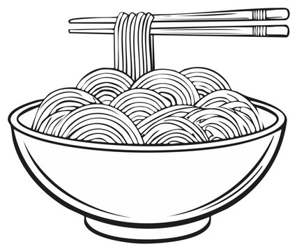 Black and white line art of chopsticks picking up ramen noodles from a bowl