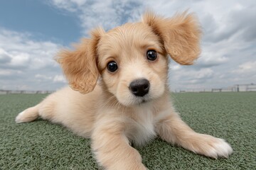 Playful dachshund joyfully rolls over on soft grass under a bright sky. National Train Your Dog Month