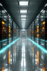 Obraz premium Futuristic data center corridor with rows of advanced server racks and cyan glow under bright ceiling lights