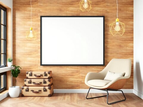 Modern minimalist interior with blank framed artwork and vintage suitcases - Powered by Adobe