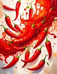 Vibrant red chili peppers with splash of sauce, creating a spicy and artistic composition