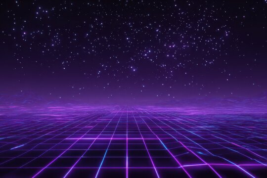 Neon purple grid landscape under a starry sky with glowing lines and retro futuristic vibes