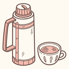 Pink Thermos and Cup of Tea Simple Illustration for Relaxation and Warmth