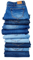 Stack of blue jeans, varying shades