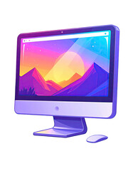 Computer with purple mountains and sunset desktop