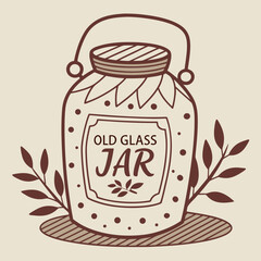 Vintage Glass Jar with Lid Handle and Decorative Botanical Elements