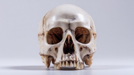 Under soft lighting, a detailed human skull sits on a clean surface, inviting curiosity about human anatomy and the complexities of biological life