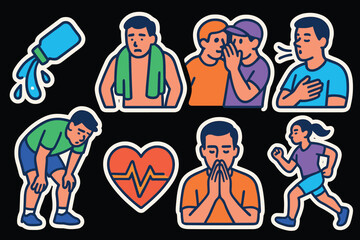 Flat style illustrations of fitness and health challenges with colorful characters