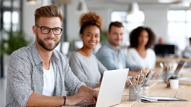 Young professionals collaborating in a modern coworking space, creating innovative projects.