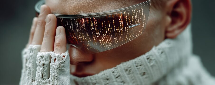 Man in white turtleneck sweater wearing reflective visor showing code display, futuristic tech fashion