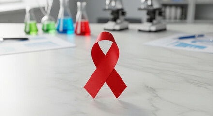 Red Ribbon Symbol of AIDS Awareness on Medical Lab Background