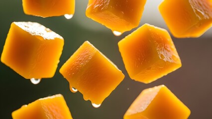 An extreme close-up of fresh mango cubes falling through the air. The focus is on the juicy, fibrous texture and glistening surface of the fruit. Soft, natural lighting with a blurred background, crea