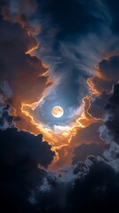 Full Moon Bright Night Sky with Dramatic Cloud Coverage in Dark Atmosphere