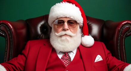 Close-up portrait of a modern, stylish Santa Claus in a red suit and sunglasses sitting in a leather armchair against a green background