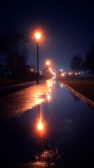 Night Scene Wet Sidewalk Reflection Street Lights Park at Night