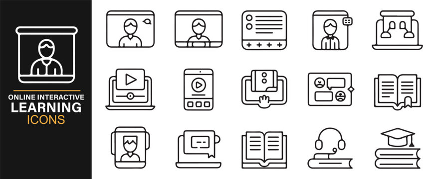 Line-style online learning icons with virtual classes, videos, and digital tools